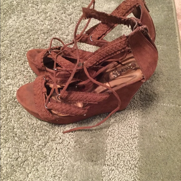 Brown Suede Wedged Heels - Picture 2 of 3